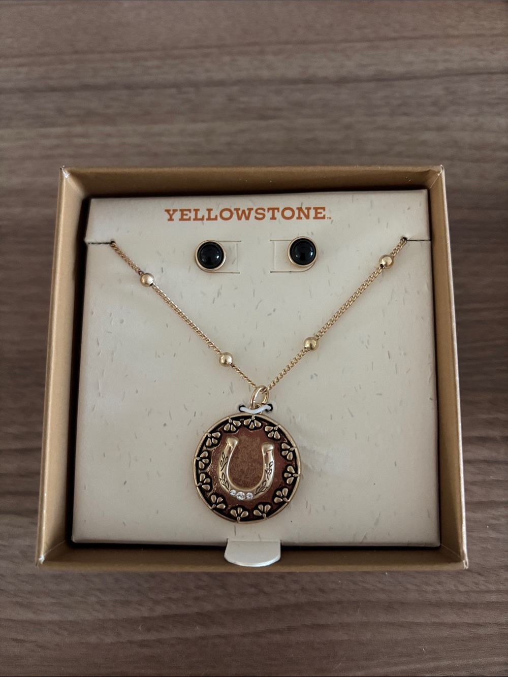 Yellowstone Gold-Tone Horseshoe Pendant Necklace and Black Stud Earrings